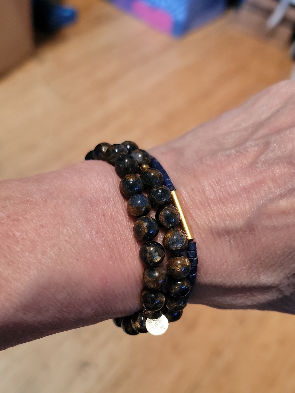 Women's Beaded Bracelets in Brown and Navy with Gold Accent.